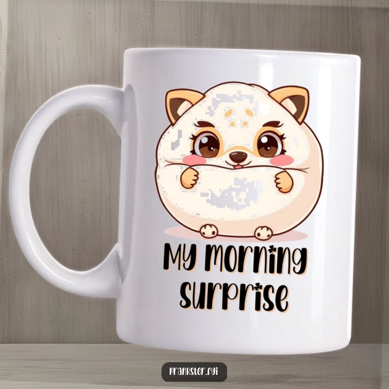 Funny mug showing a cheeky animal peeking from behind a huge whoopee cushion, eyes wide with mischievous intent, ready for a prank.