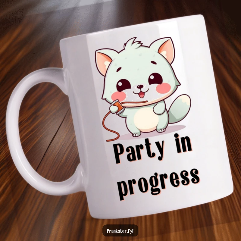 Funny mug with a gleeful animal character joyfully spraying silly string, embodying pure, unadulterated fun.