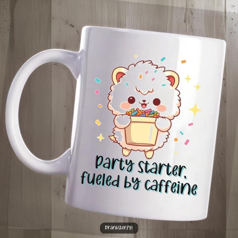 Funny mug showcasing a fluffy creature with a mischievous sparkle, joyfully holding a bucket overflowing with colorful confetti, ready for celebration.