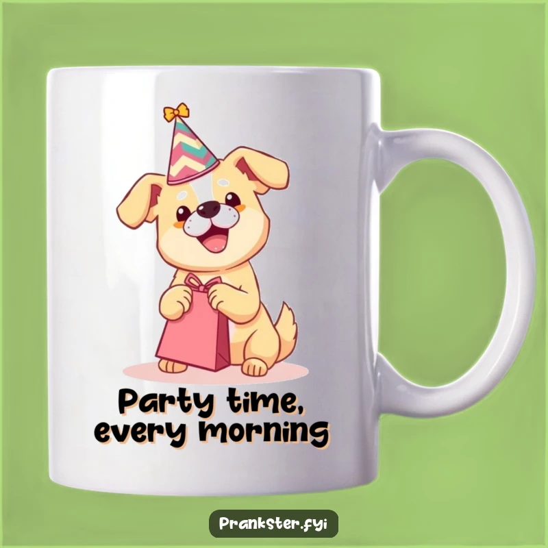 Funny Party Dog Mug - Playful Pup Shaking Gift Bag Hilarious Gift
