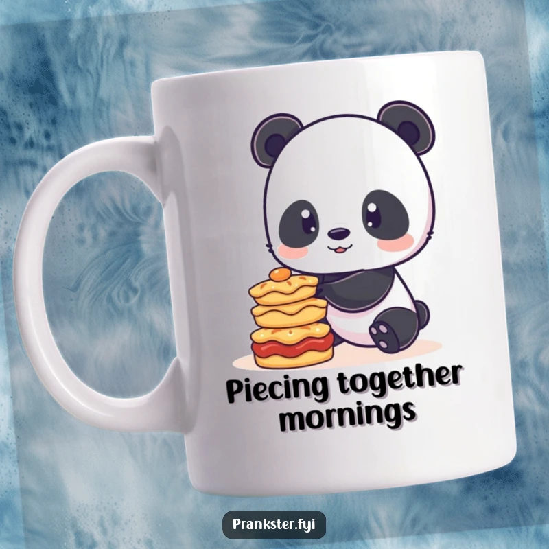 Funny mug featuring a playful panda attempting to balance a tall stack of pies, looking determined yet precarious, a sweet balancing act.