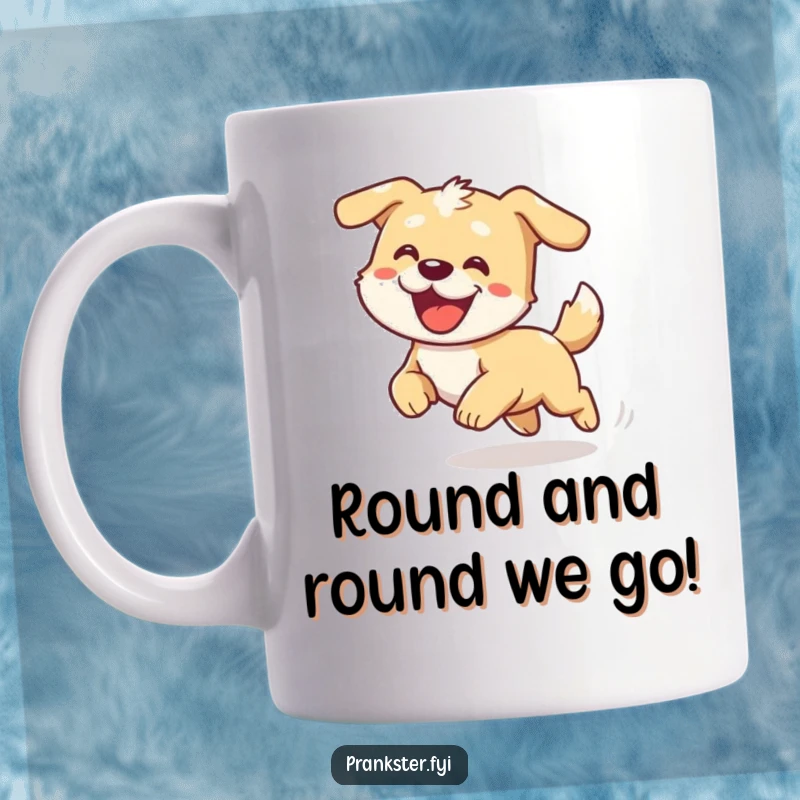 Funny mug with a cartoon dog spinning in circles, looking dizzy and playful, perfect for a laugh.