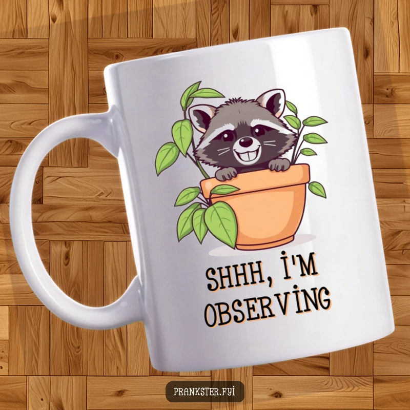 Funny raccoon in disguise peeking from behind a plant, acting like a spy on a coffee mug.