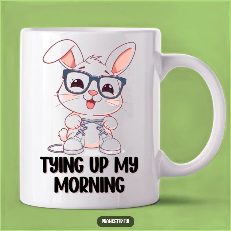 Funny Rabbit Shoelace Prank Mug: Spectacled Hare Ceramic Cup, Hilarious Gift