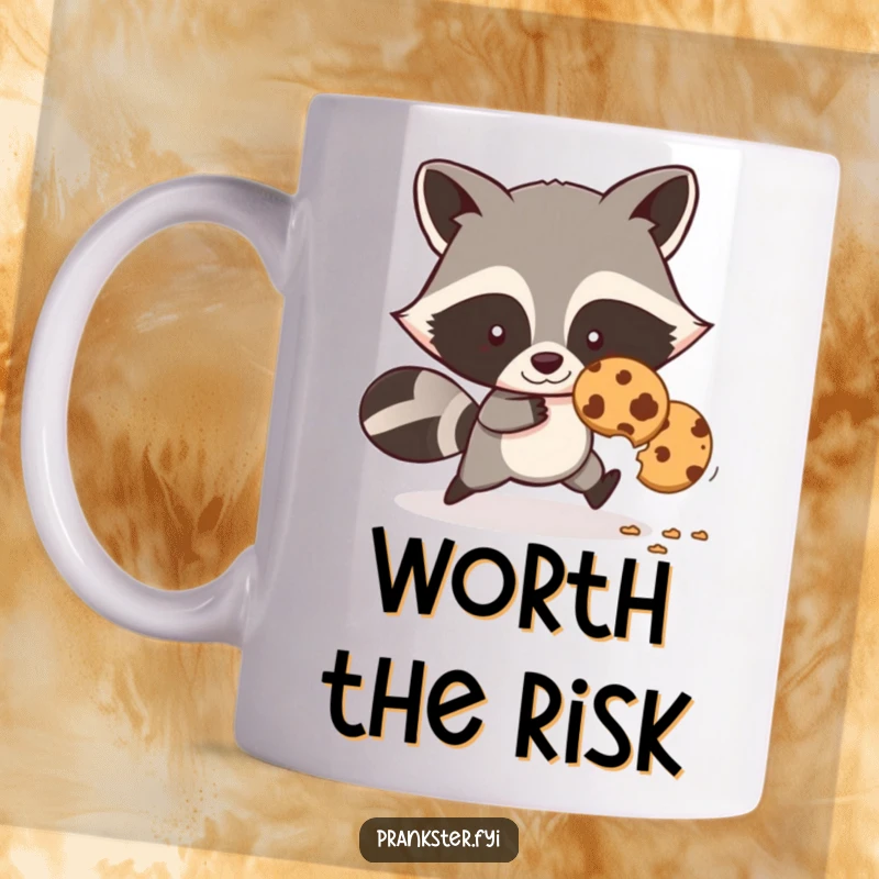 Funny mug depicting a sly cartoon raccoon sneaking away with a cookie, leaving a crumb trail behind.