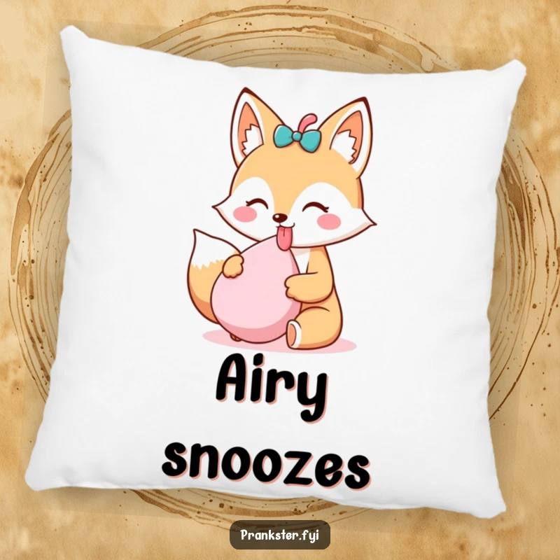 Funny Kawaii Fox Pillow sticking its tongue out and holding a whoopee cushion, a soft and humorous accent pillow that brings prankster charm and cuteness.