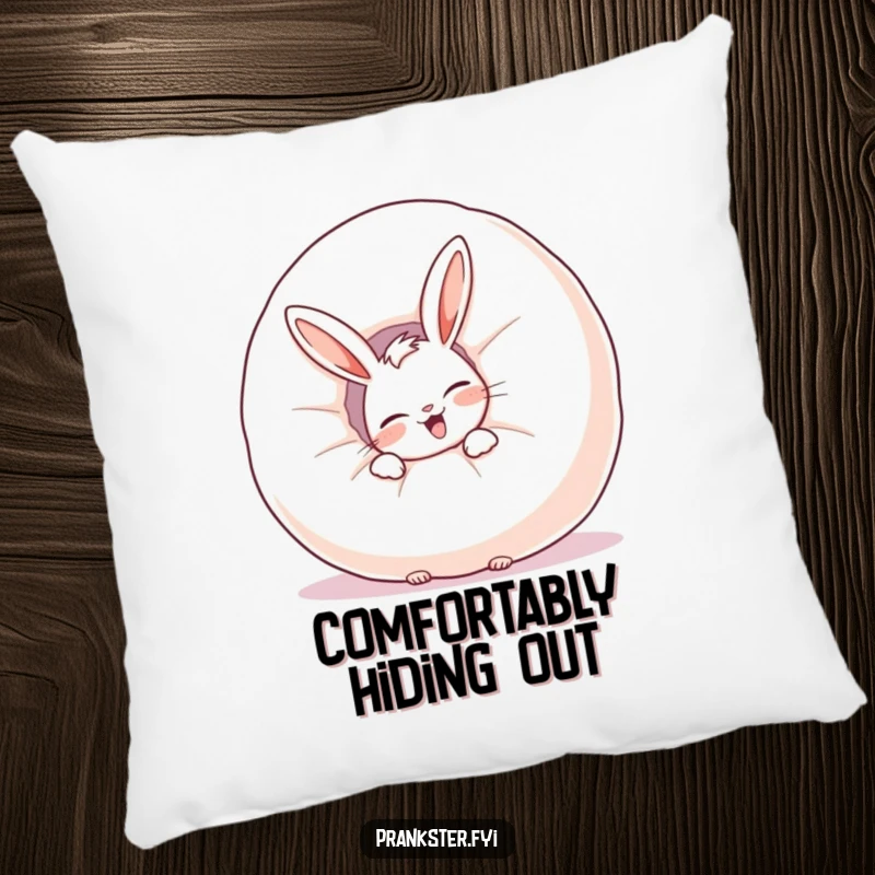 Funny pillow showcasing a giggling rabbit peeking from behind a whoopee cushion, providing comfort and humor.