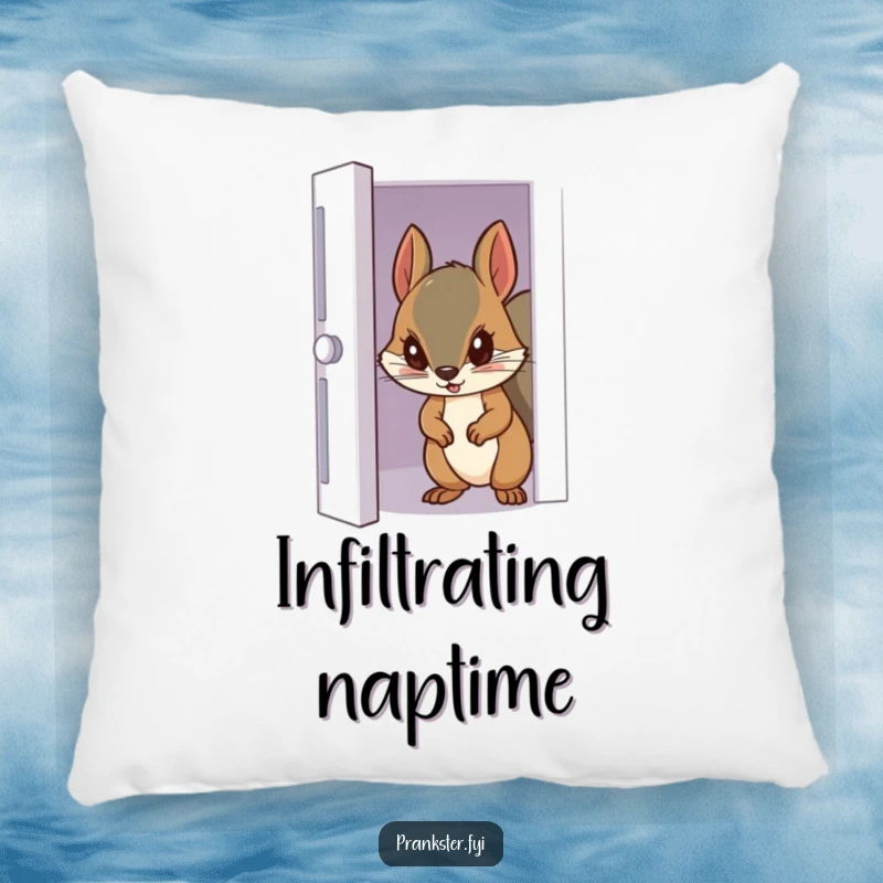 Funny pillow showcasing a sneaky squirrel peeking from a door, adding a touch of curiosity and comfort.