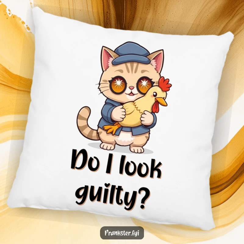 Funny pillow featuring a cunning cat in disguise holding a rubber chicken with sparkling eyes, adding humorous comfort.