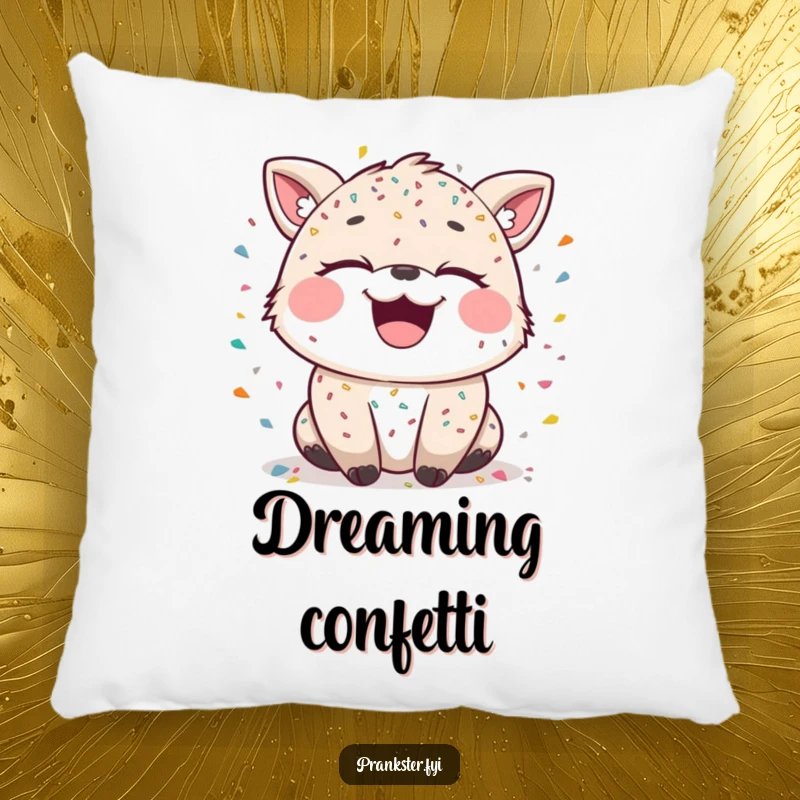 Funny pillow featuring a laughing animal character covered in confetti, with mischievous sparkling eyes, offering festive comfort.