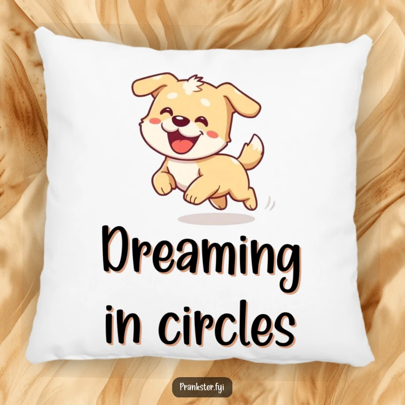 Funny pillow featuring a cartoon dog looking comically dizzy as it spins chasing its tail, soft and plush.
