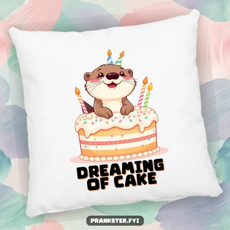 Funny pillow featuring a giggling otter popping out of a birthday cake, adding comfort and humor to any space.