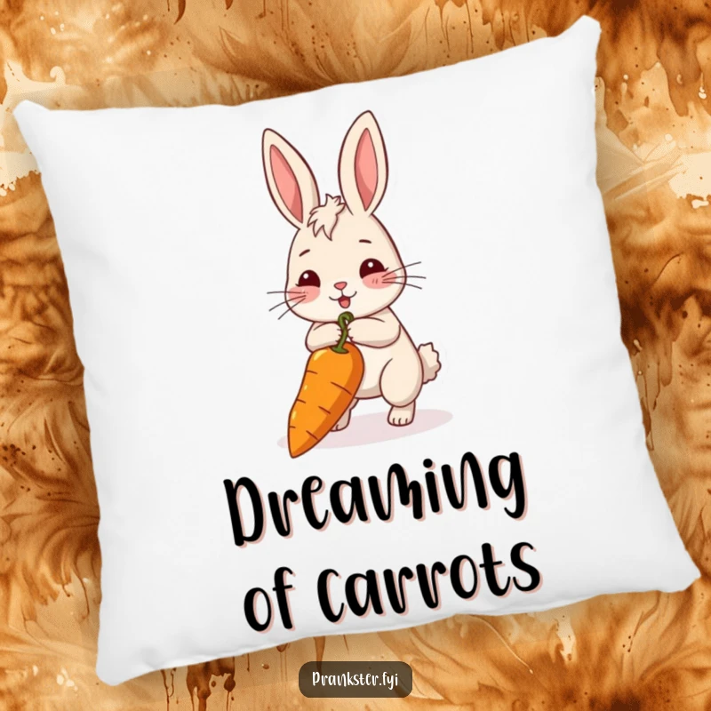 Funny rabbit pillow featuring a rabbit pulling a long string attached to a carrot. Cozy and motivational.
