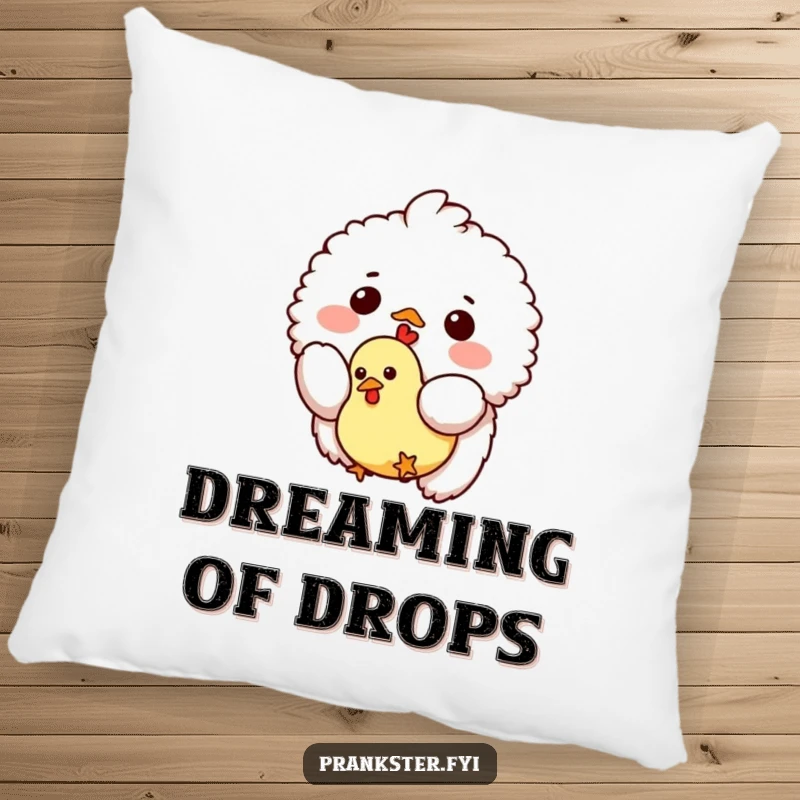 Funny pillow showcasing a small fluffy creature dropping a tiny rubber chicken, offering plush comfort and a touch of playful absurdity to any seating area.