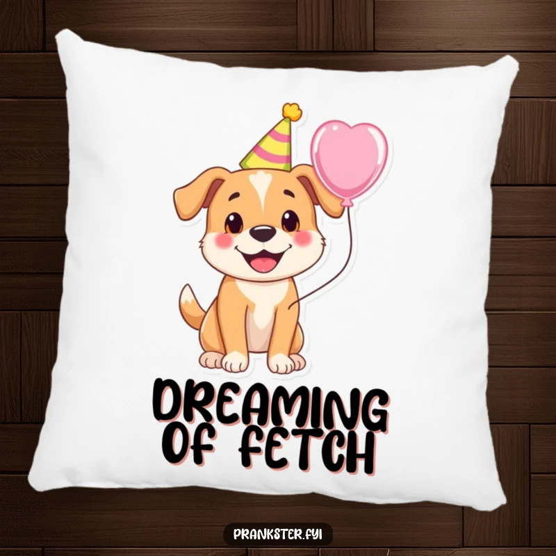 Funny pillow featuring a cheerful dog in a party hat with a balloon, offering comfort with a festive touch.