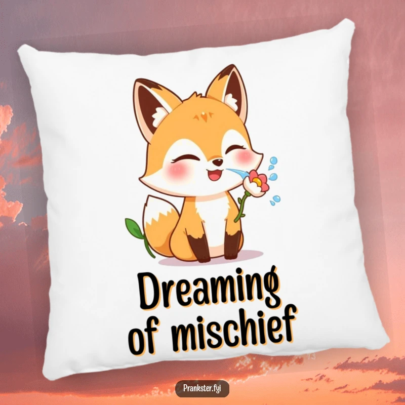 Funny fox pillow with a giggling character winking and squirting water from a flower, bringing comfort and playfulness.