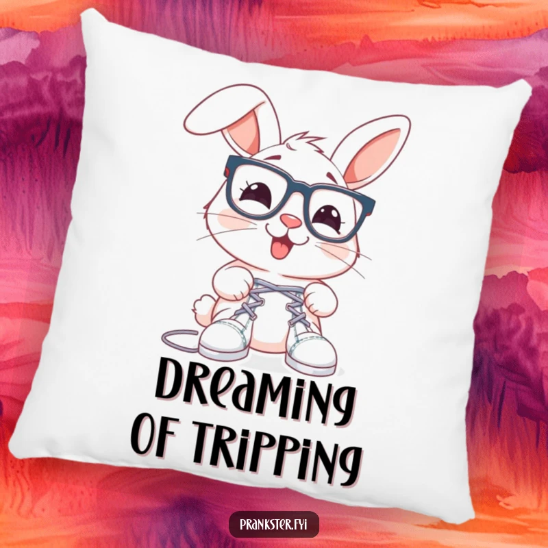Funny rabbit pillow with oversized spectacles, about to tie shoelaces together, soft and humorous.