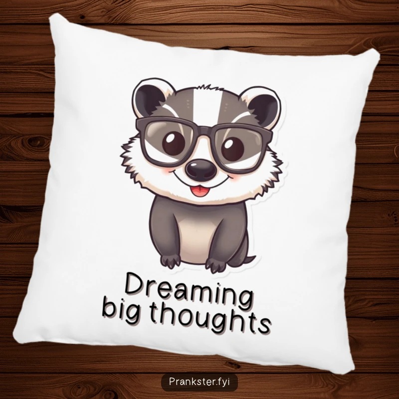 Funny Pillow featuring a happy badger sporting oversized, comical glasses, offering a cozy and intellectually amusing accent.