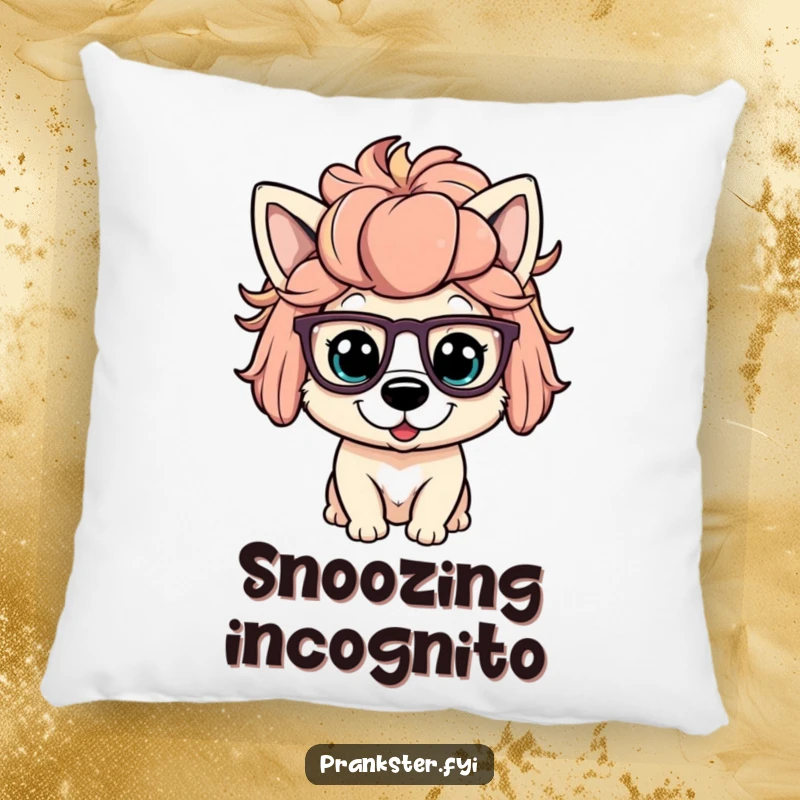 Funny pillow featuring a playful dog character in a silly wig and oversized glasses, providing plush comfort and humor.