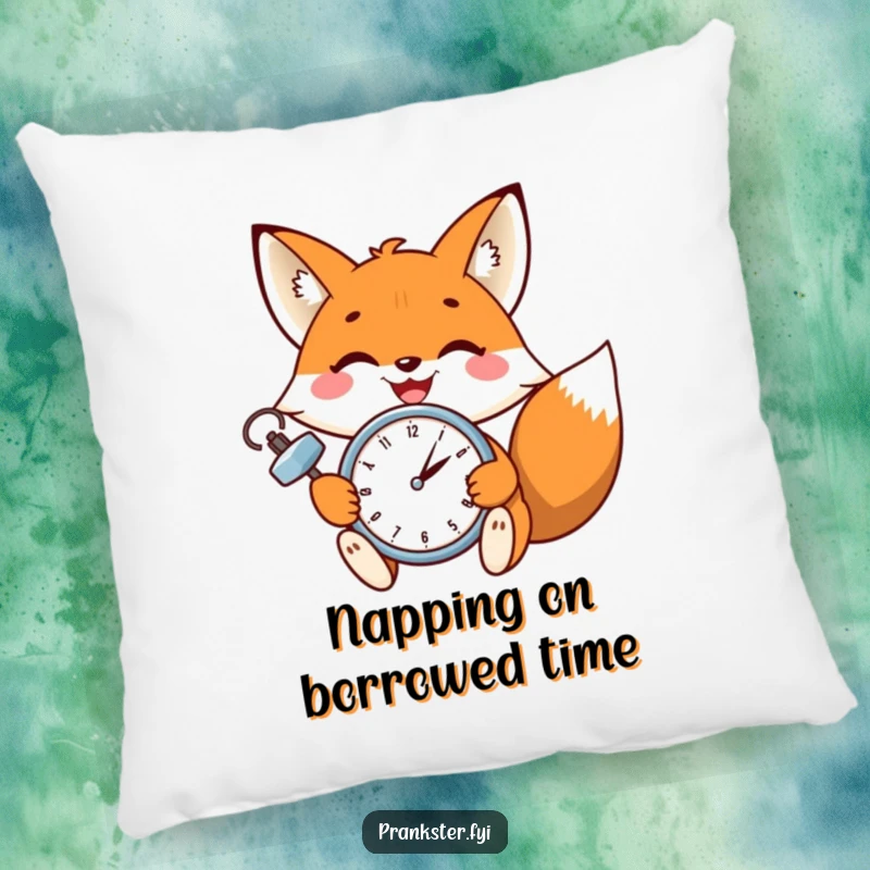 Funny pillow with a cheerful fox winking and setting a tiny clock, offering comfort and a humorous touch to any room.