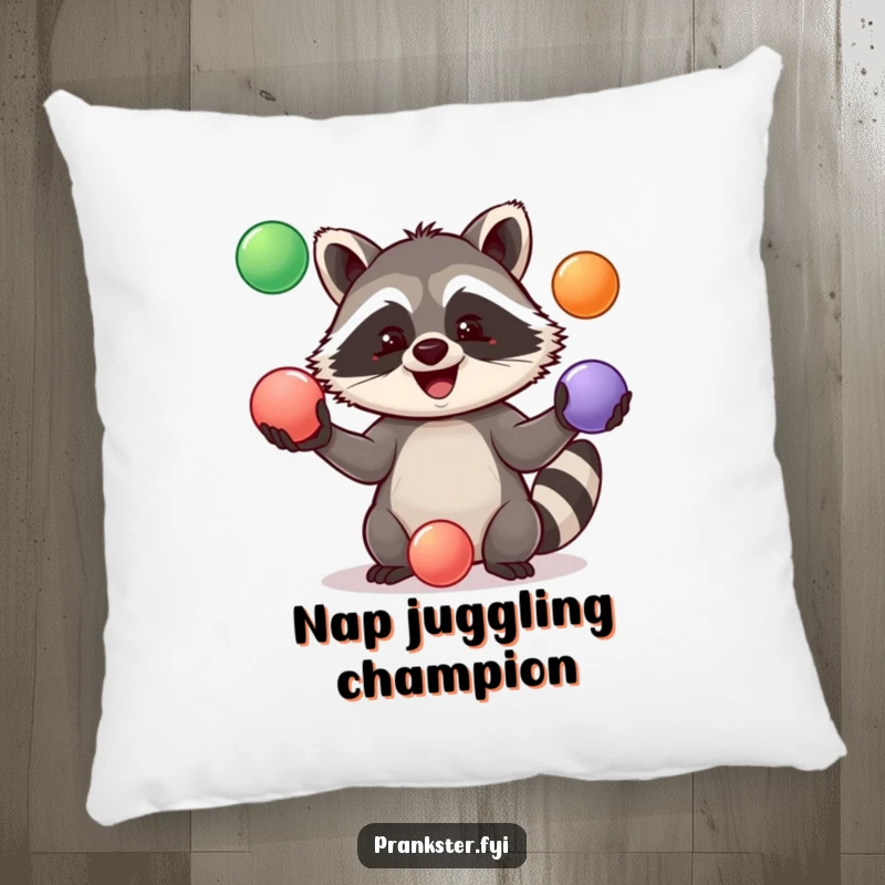 Funny Pillow featuring a cheerful raccoon juggling three vibrant balls, offering a delightful and humorous accent.