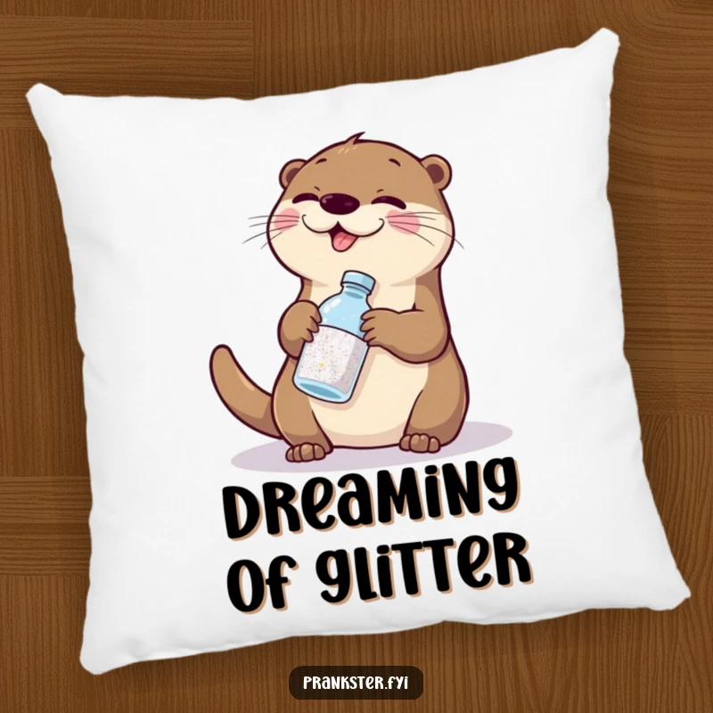 Funny otter glitter pillow, a soft cushion featuring a giggling otter swapping glitter for water, for humorous comfort.