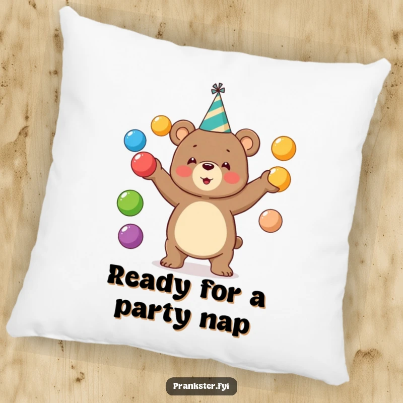 Funny bear pillow featuring a bear in a party hat juggling colorful balls. Cozy and cheerful.