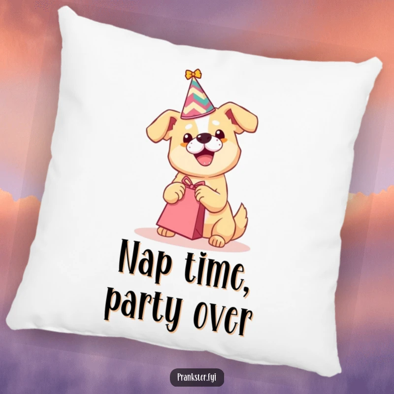 Funny pillow featuring a playful dog with a party hat shaking a gift bag, perfect for cozy, humorous decor.