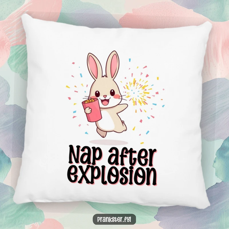 Funny pillow featuring a cheerful rabbit hopping away from an exploding confetti popper, perfect for festive decor.
