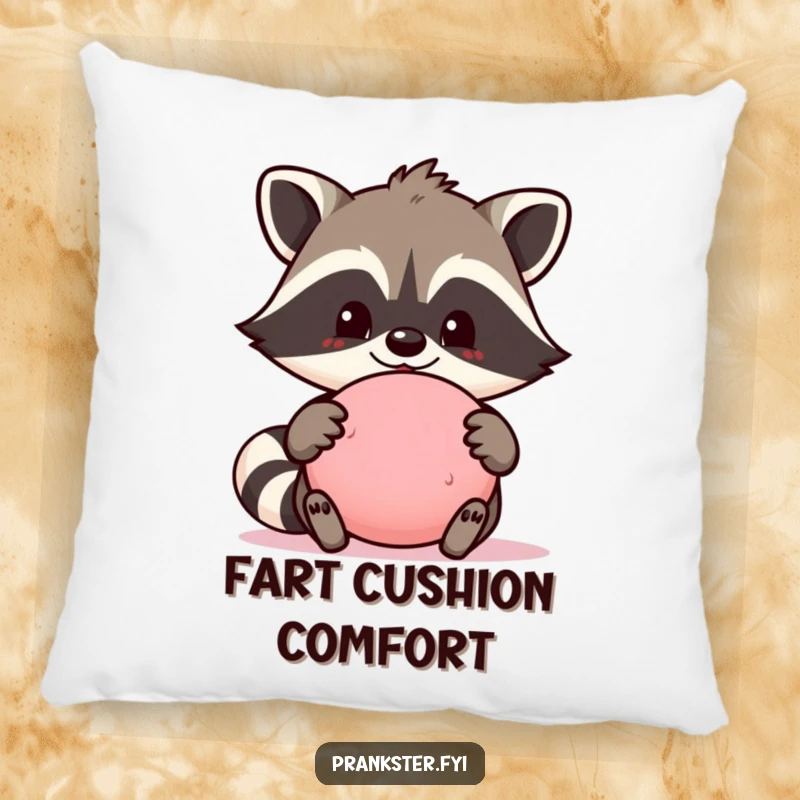 Funny pillow featuring a proud raccoon character holding a whoopee cushion, offering comfort and a humorous accent to any seating area.