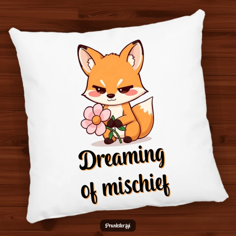 Funny pillow featuring a sly fox wiggling its eyebrows and holding a fake flower, adding playful mystique.