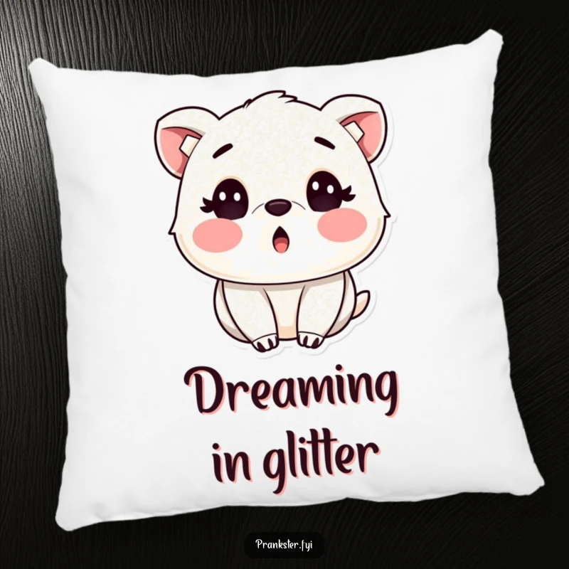 Funny pillow featuring a surprised animal with rosy cheeks, covered in harmless glitter, perfect for adding a cozy sparkle.