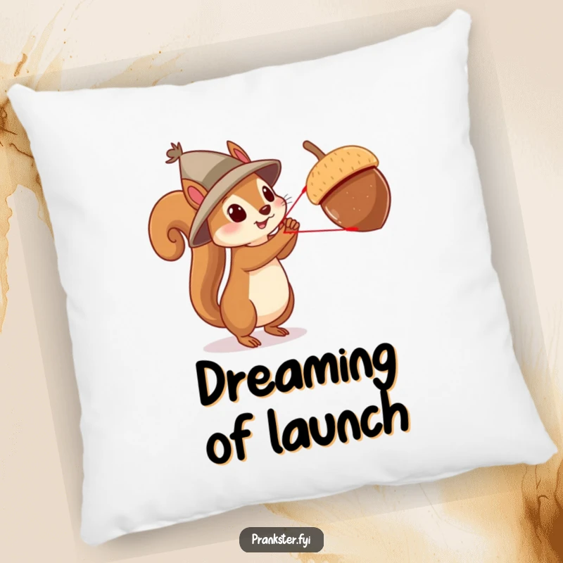 Funny squirrel slingshot pillow, a soft cushion featuring a squirrel in a hat launching an acorn, for humorous comfort.