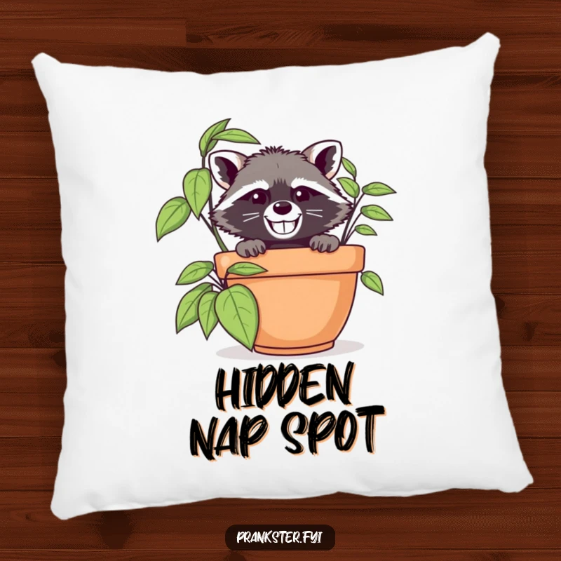Funny raccoon in disguise peeking from behind a large potted plant, featured on a soft and decorative pillow.