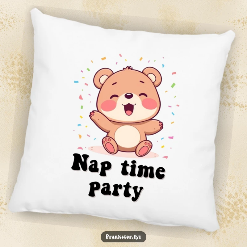 Funny pillow showcasing a delighted bear character joyfully playing with colorful confetti, offering cozy and festive comfort.