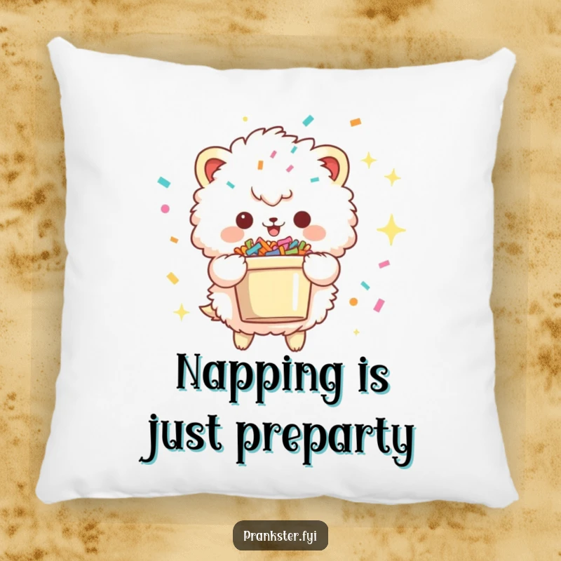Funny pillow showcasing a fluffy creature with a mischievous sparkle, holding a confetti bucket, offering cozy comfort and a touch of playful decor.