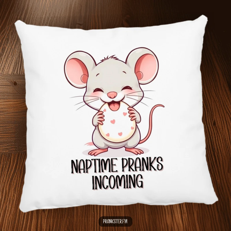 Funny Pillow featuring a mischievous mouse gleefully holding a tiny whoopee cushion, offering a cozy and humorous accent.