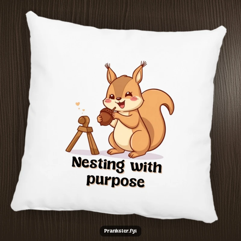 Funny pillow showcasing a gleeful squirrel launching an acorn from a slingshot, a soft and humorous decorative item.