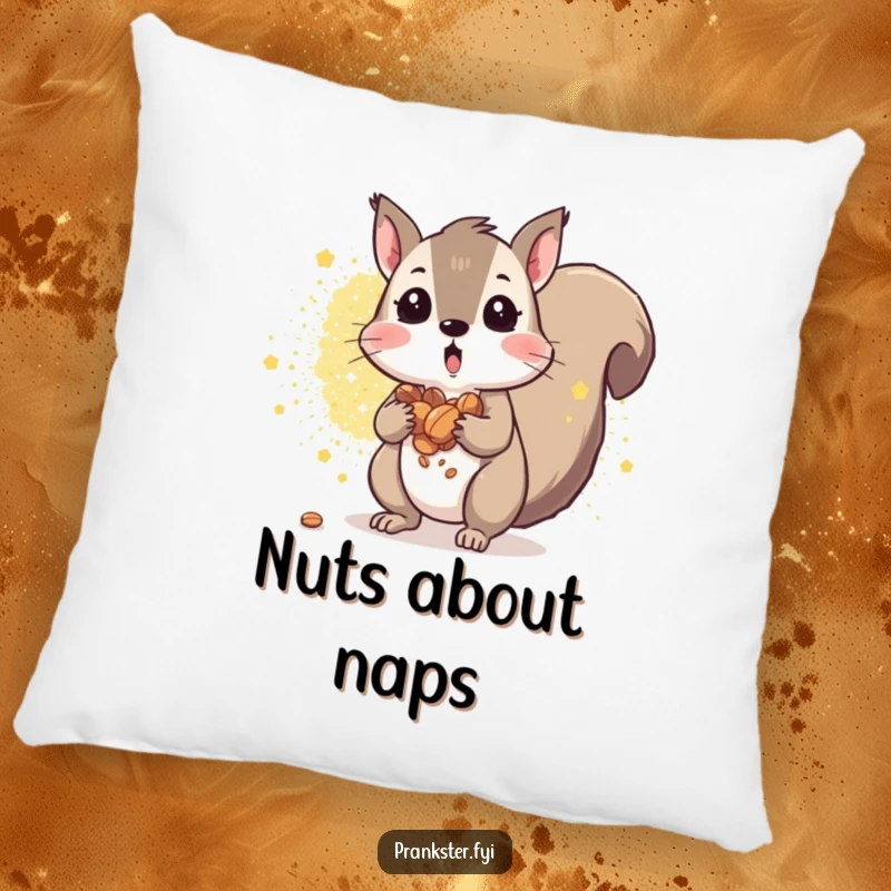 Funny squirrel pillow featuring a surprised squirrel with nuts spilling and glitter explosion. Cozy and fun.