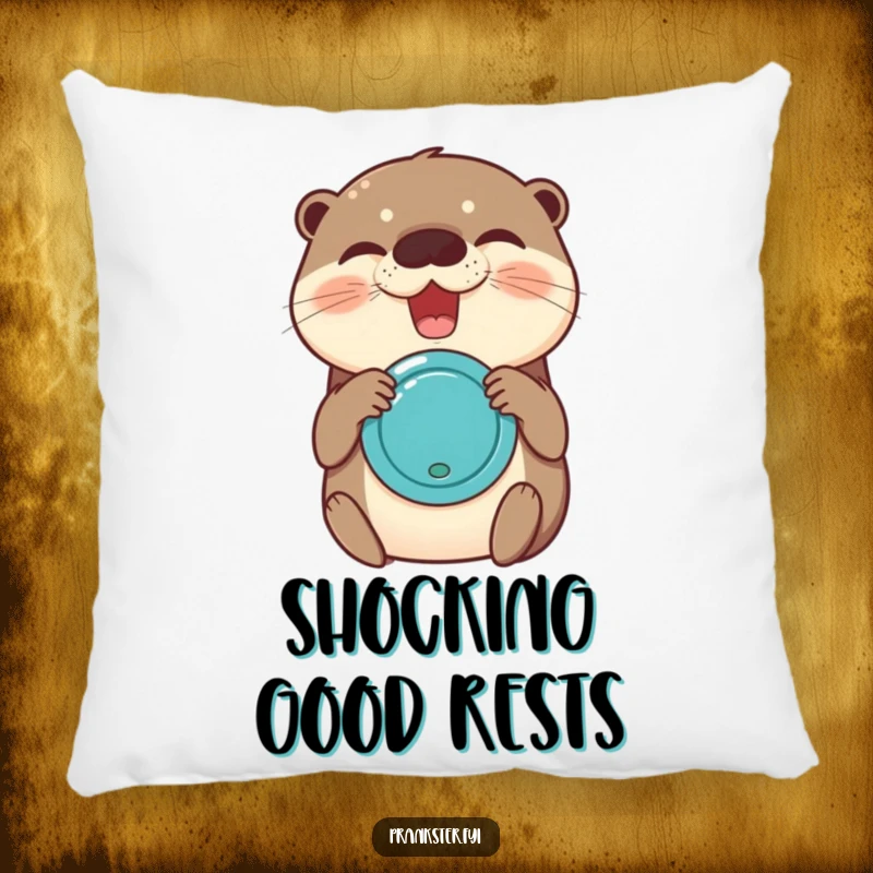 Funny pillow showing an ecstatic otter holding a joy buzzer, its expression full of contagious giggles and playful mischief.