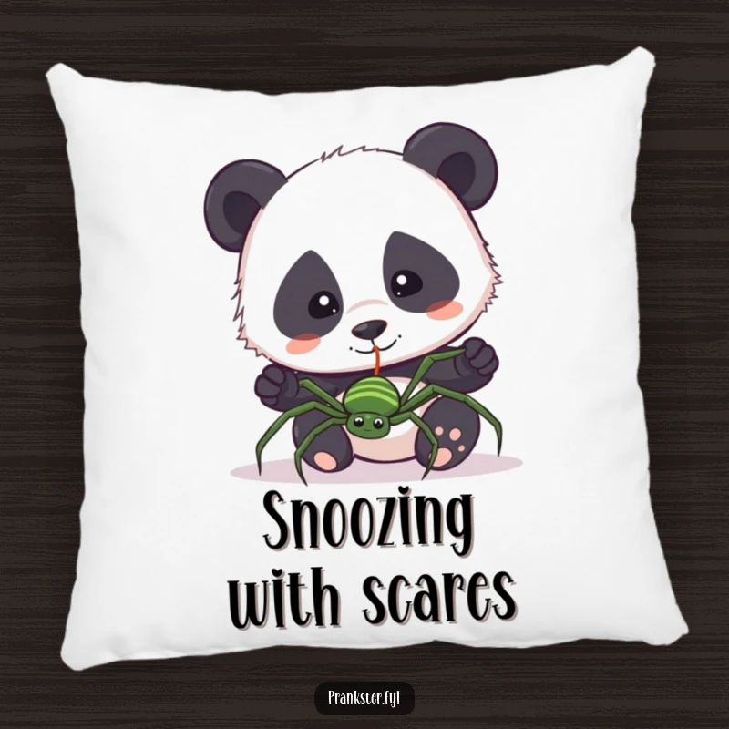 Funny pillow with a curious panda accidentally pulling a fake spider on a string. Soft and humorous decorative item.