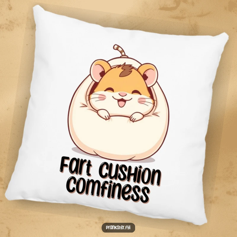 Funny pillow showcasing a giggling hamster character peeking out from a whoopee cushion, offering cozy and hilarious prankster comfort.