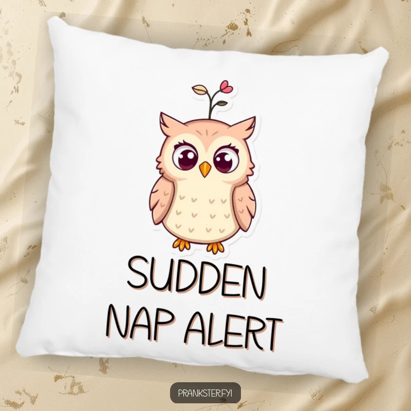 Funny pillow featuring a surprised owl with wide eyes and a spring popping from its hat, offering a soft touch of humor.