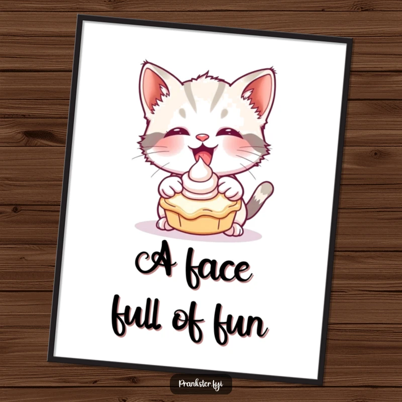 Funny digital art print of a giggling kitten playfully throwing a cream pie, representing joy and playful decor.
