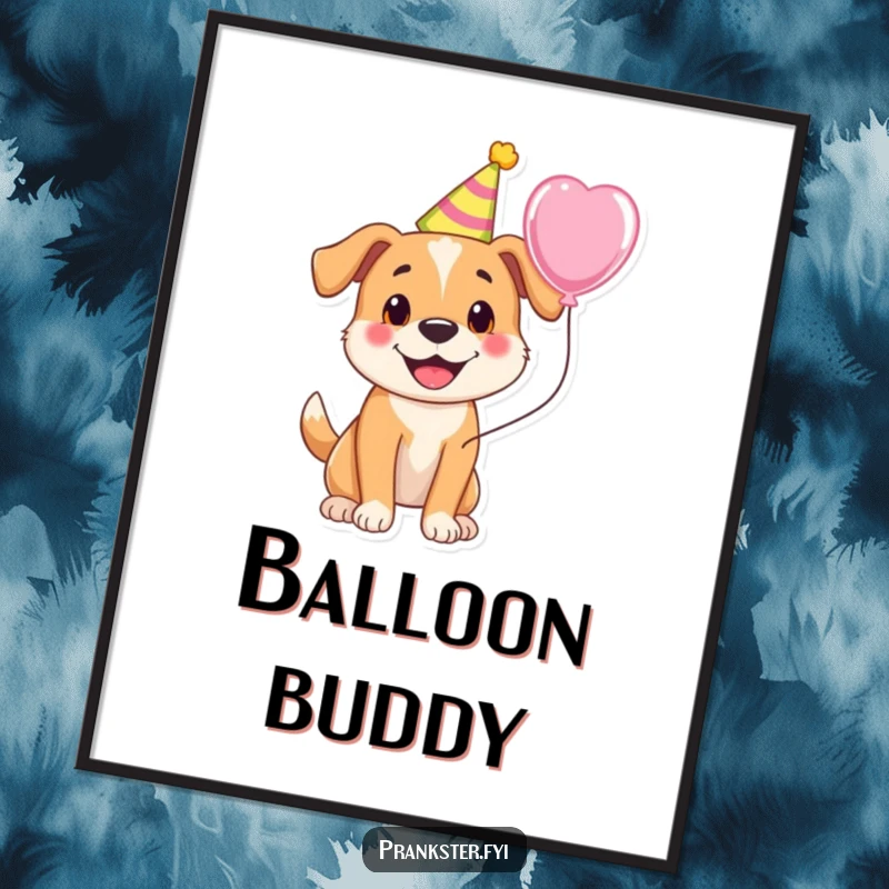 Funny digital art print of a cheerful dog in a party hat holding a balloon, ready for instant download.