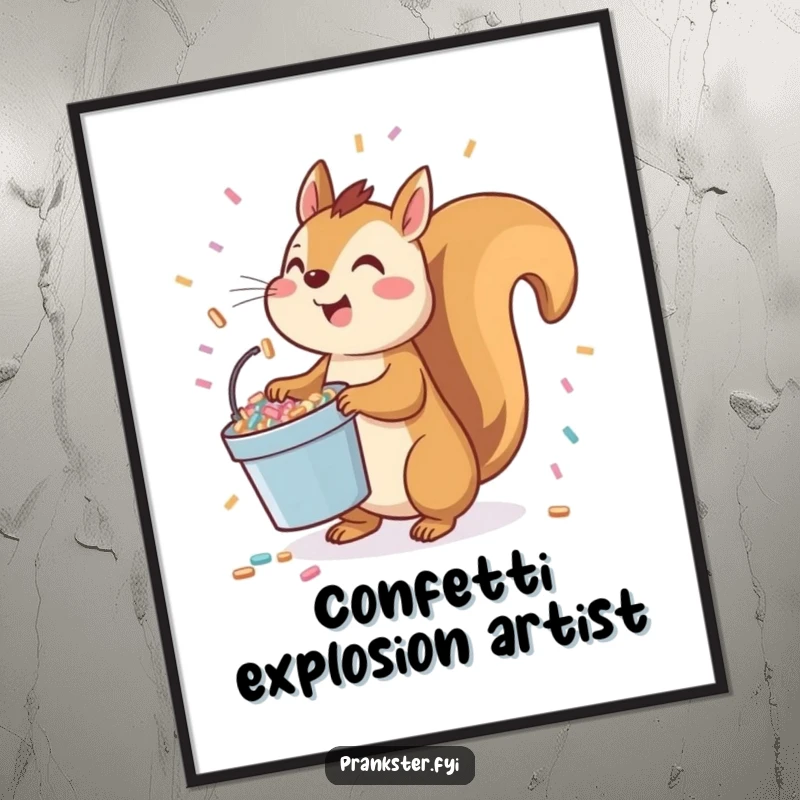 Funny squirrel digital art print of a playful character holding a bucket of confetti, ready to toss it upwards.