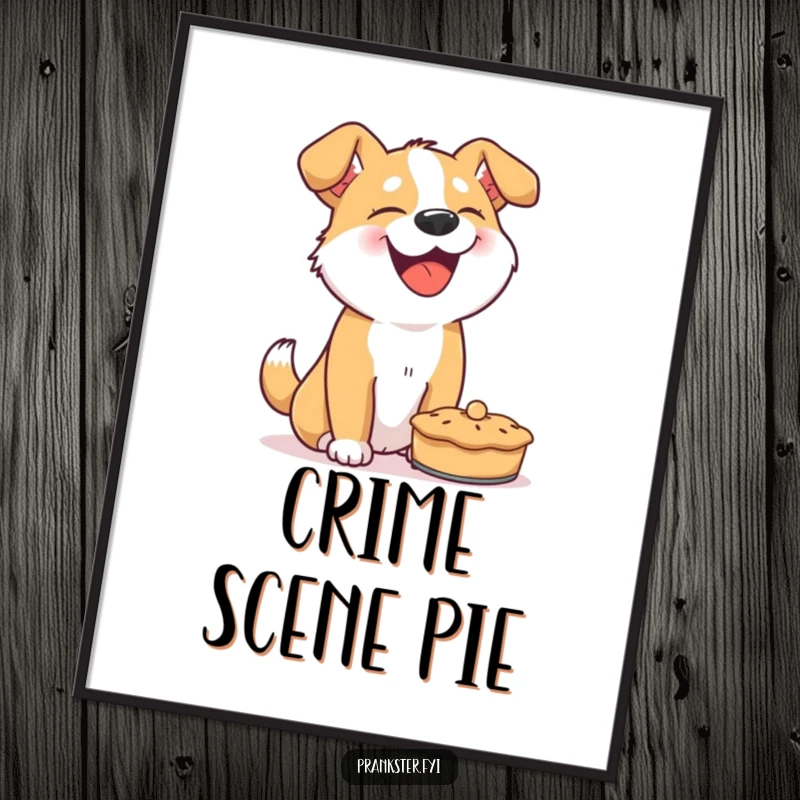 Funny dog digital art print, giggling dog about to throw a pie, instant download artwork for humorous wall decor.