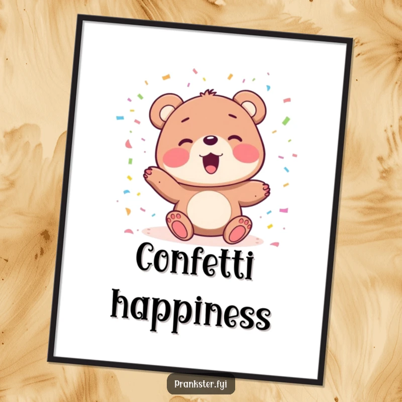 Funny digital art print of a delighted bear character joyfully playing with colorful confetti, perfect for vibrant celebratory decor.
