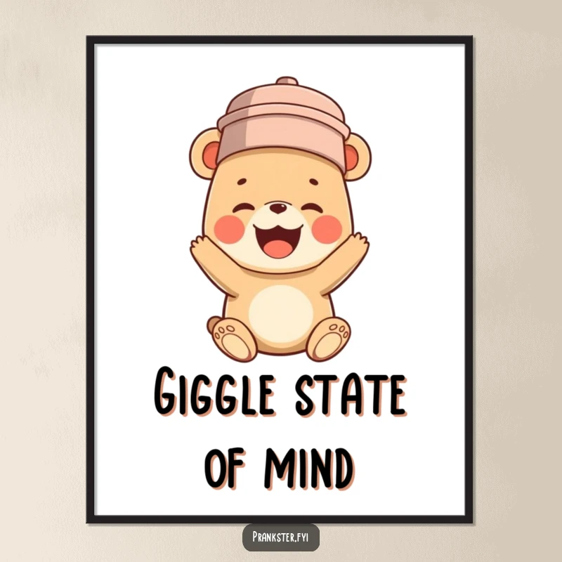 Funny digital art print of a bear cub humorously wearing a bucket on its head, lost in a moment of pure, hilarious, contagious giggles.