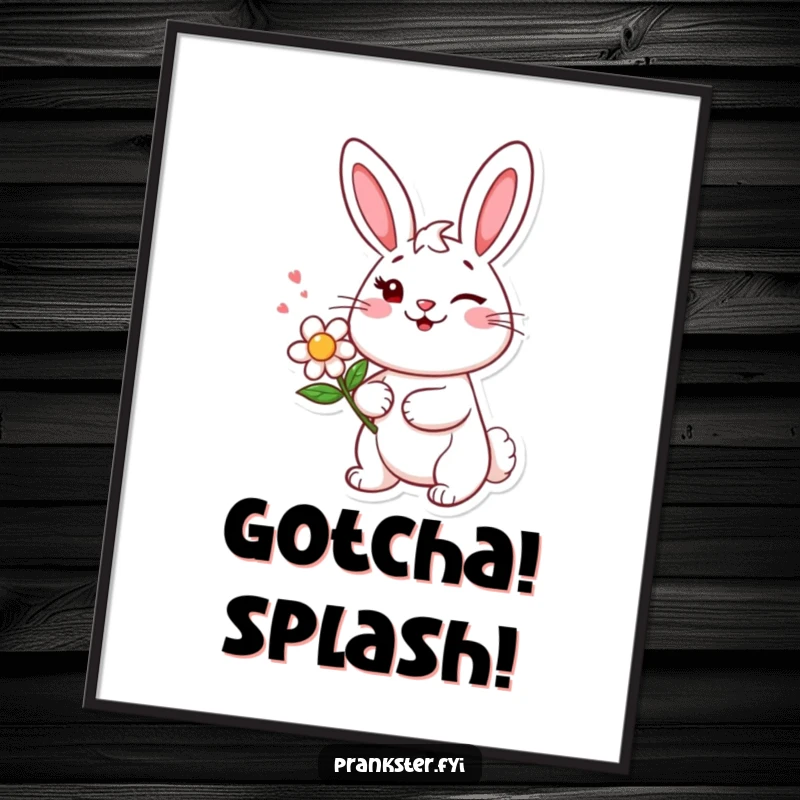Funny digital art print of a cheerful bunny character winking mischievously, holding a squirting flower, perfect for instant humorous decor.